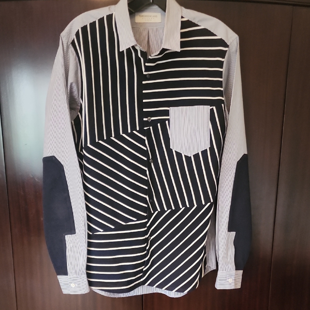 TOMORROWLAND Navy Blue and White Striped Men's Shirt